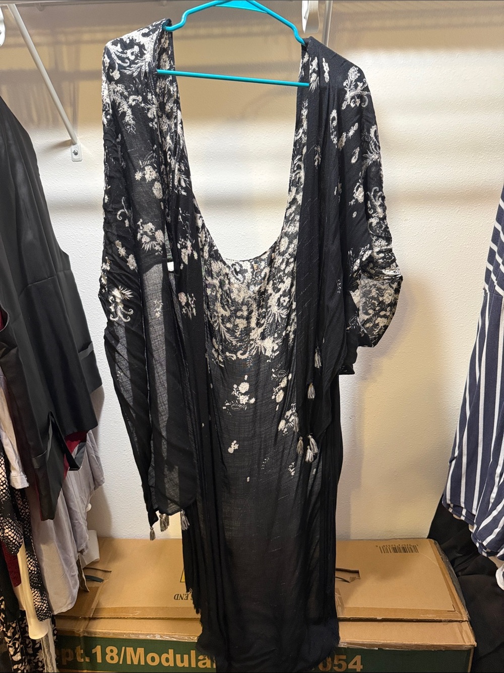 Black shawl with white floral pattern